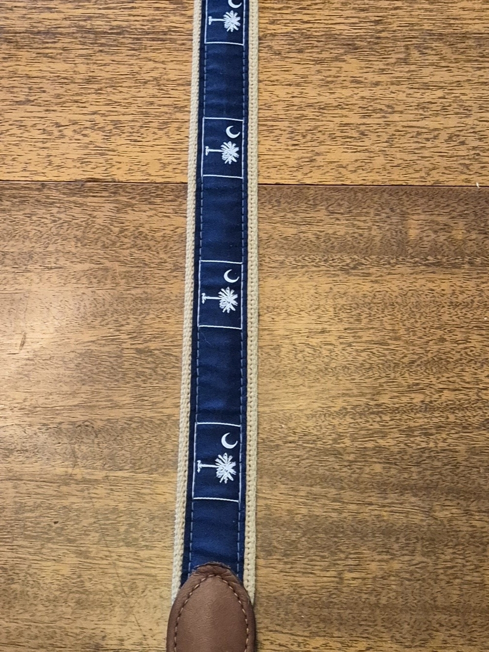 Men's South Carolina  State Flag Embroidered Canvas Web Belt  Brown Leather Trim